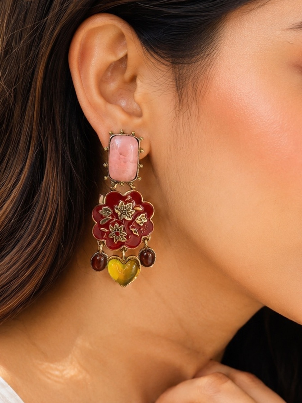 Statement Floral Dangle Earrings Pink Red Heart Bohemian